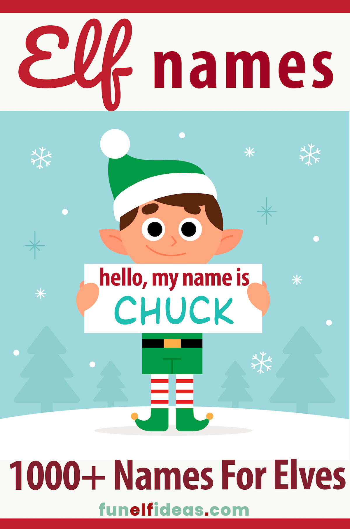 Illustration of an elf holding a sign saying "Hello, My Name Is Chuck." with text overlay "Elf Names: 1000+ names for elves from fun elf ideas.com"