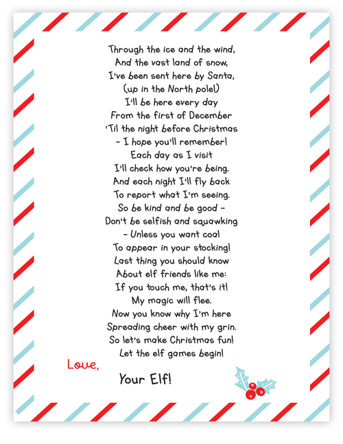 Elf on the shelf arrival letter poem printable pdf free
