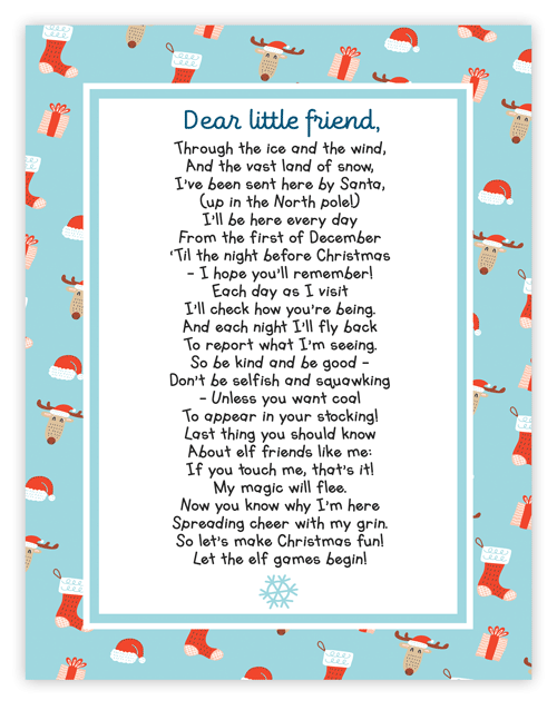 A free printable elf on the shelf arrival letter written as a poem with a Christmas themed stationery border.