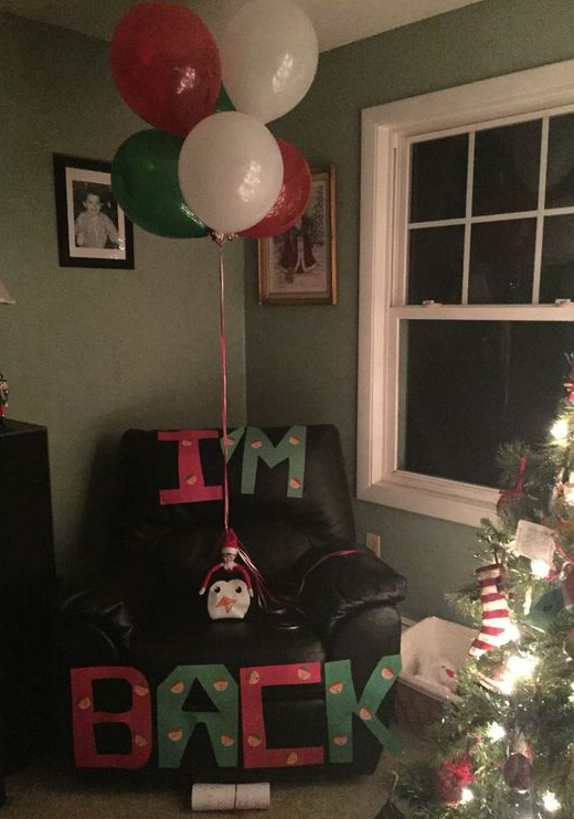 Elf on the shelf arrived with balloons from the north pole.