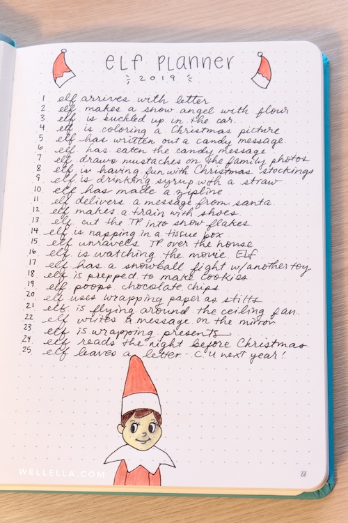 Elf on the shelf planner in a bullet journal.