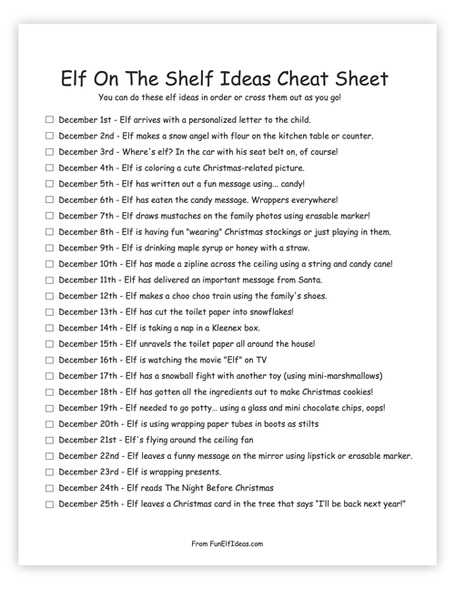 A preview of an elf on the shelf cheat sheet with elf ideas for each day in December.