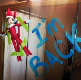 Elf arrived back in the home by simply being taped on to a mirror with the writing "I'm Back!"