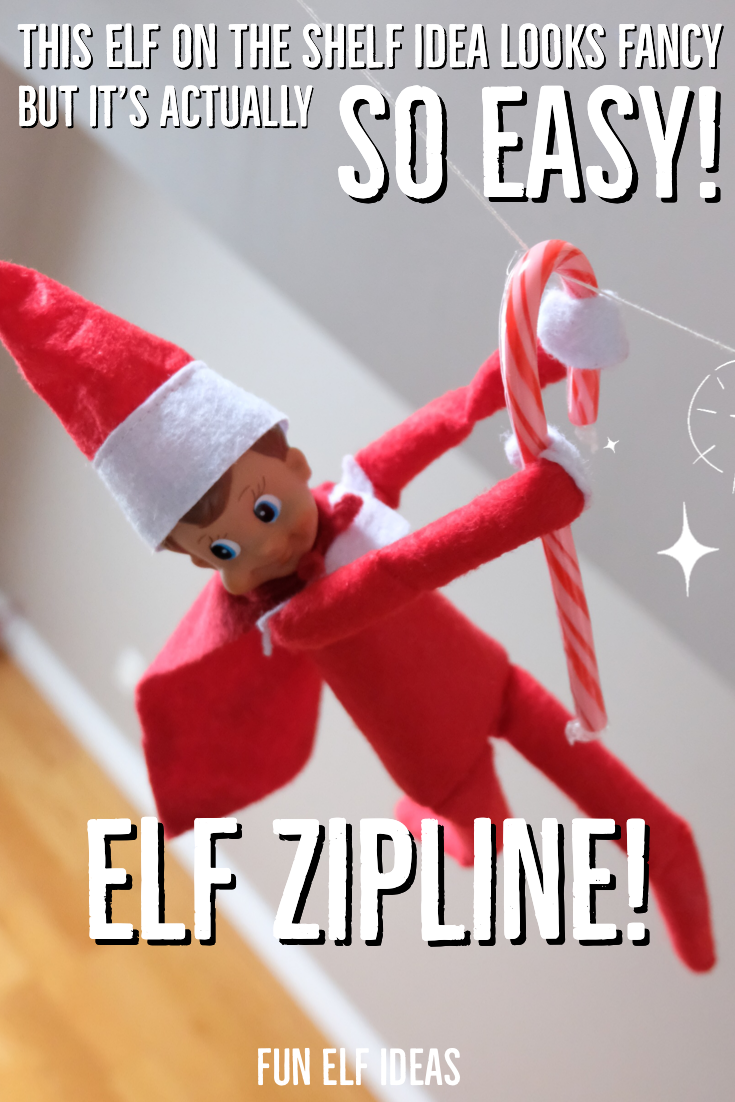 An elf on the shelf ziplining using a candy cane