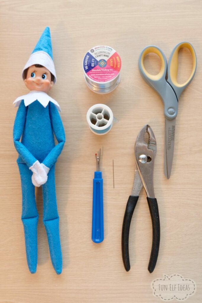 How to make elf on the shelf bendable - Step by step instructions on how to easily insert a wire so you can pose your elf! #elfontheshelf #elfontheshelfideas #elfideas #easyelfontheshelfideas