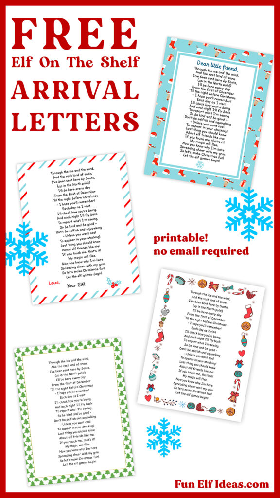 collage of free printable elf on the shelf arrival letter pdf examples, decorated with snowflakes and christmas-y borders