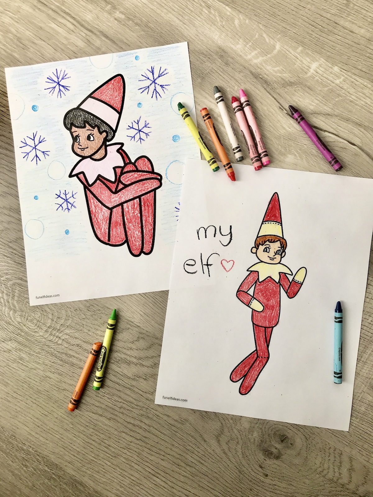 two elf on the shelf coloring pages that have been colored with crayons