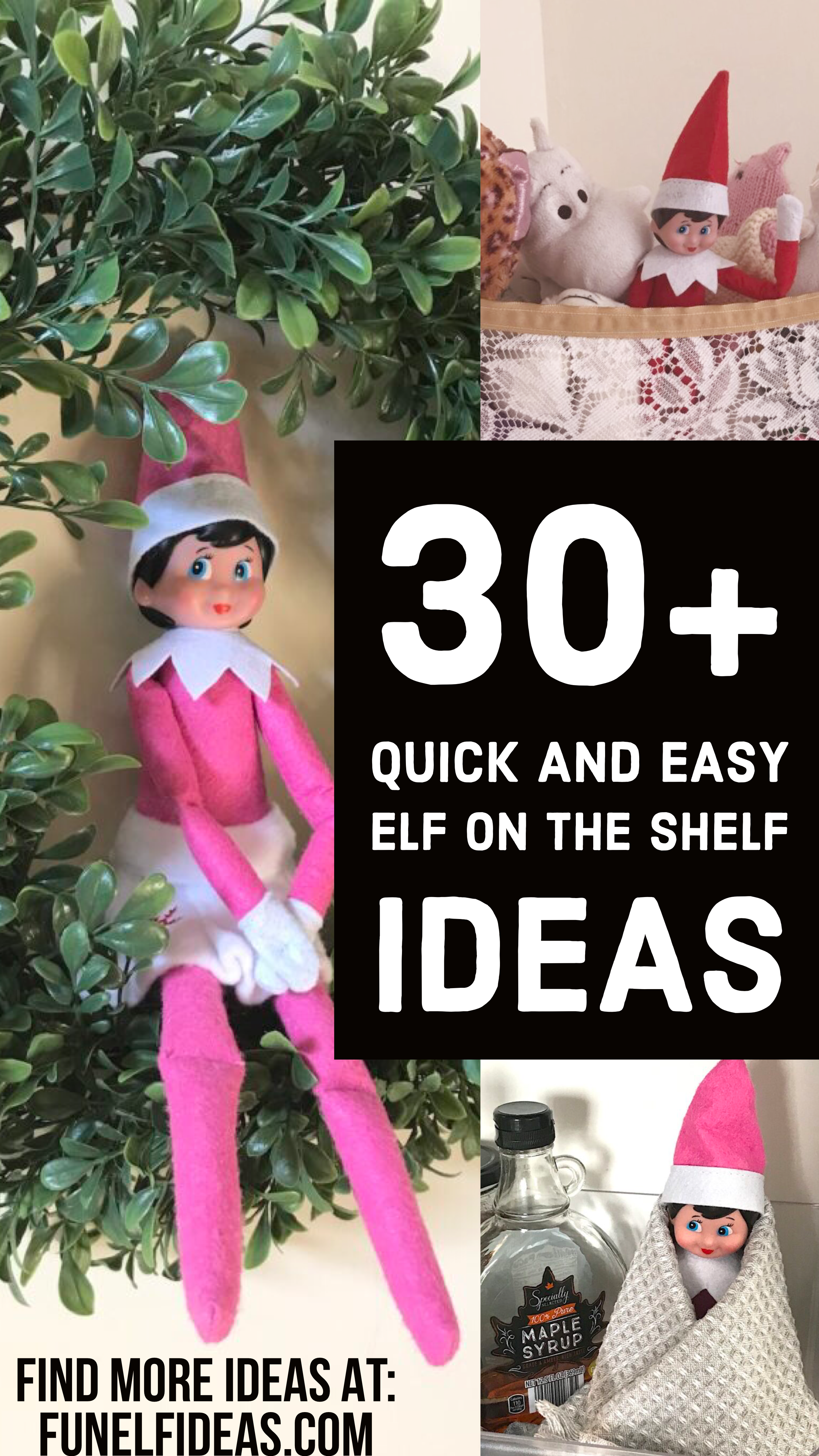 a collage of pictures of elf on the shelf dolls sitting in a christmas wreath, sitting in some toys, and sitting in the fridge