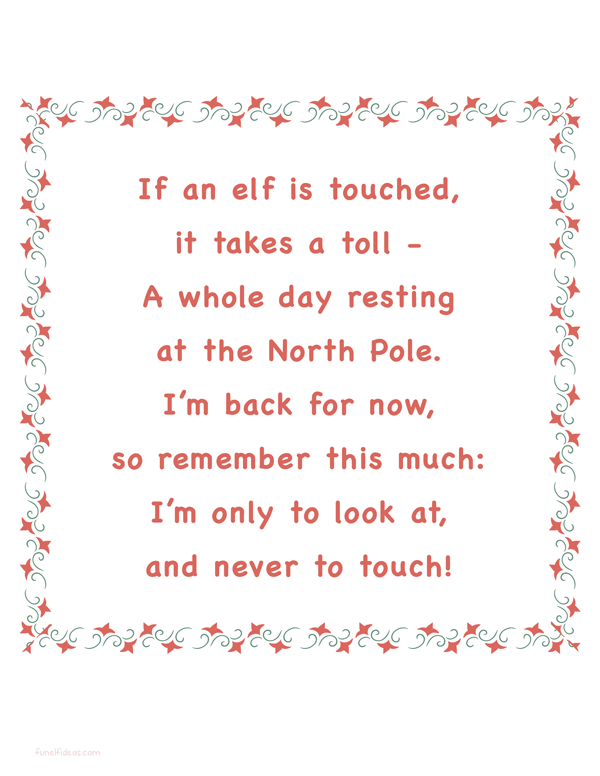 an elf on the shelf letter explaining in poem form that the elf must not be touched, with a decorative border.