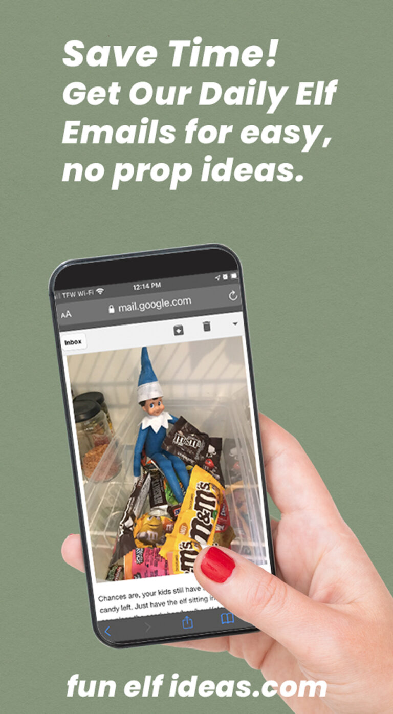 a mockup of a woman holding a phone with a photo of an elf on the shelf in it