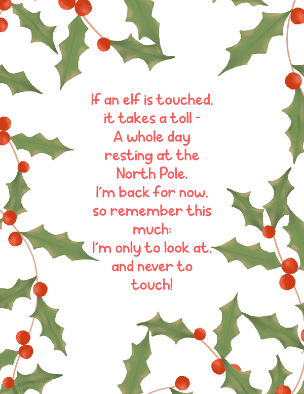 an elf on the shelf letter explaining in poem form that the elf must not be touched, with a border of holly.
